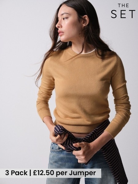 Caramel Brown/Chocolate Brown/Navy Blue - The Set 3 Pack Soft Knit Crew Neck Long Sleeve Jumpers
