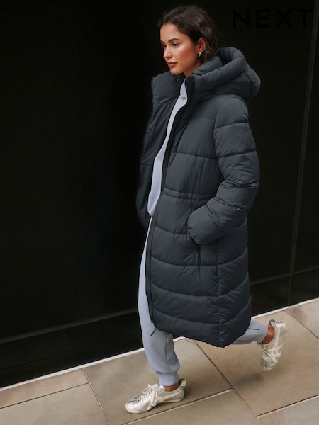 Teal Grey - Shower Resistant Hooded Long Padded Puffer Coat
