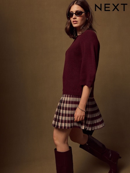 Burgundy/Red - Short Sleeve Knit 2 In 1 Mini Dress