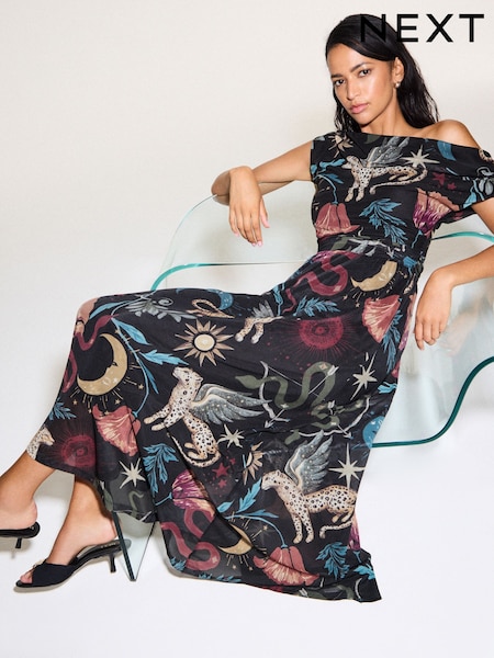 Black Celestial Print - Off Shoulder Mesh Midi Dress