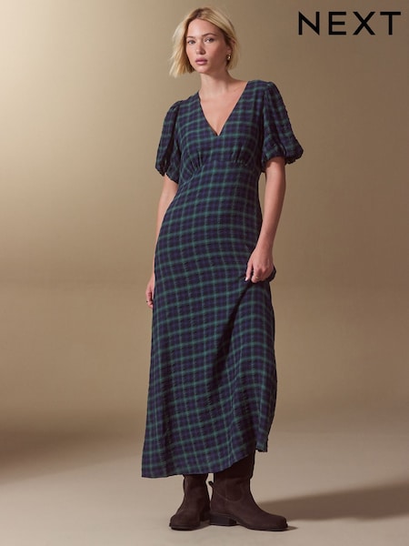 Green/Navy Check - Puff Sleeve V-neck Midi Dress