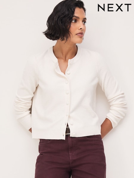 Ecru - Supersoft Crew Neck Long Sleeve Cardigan