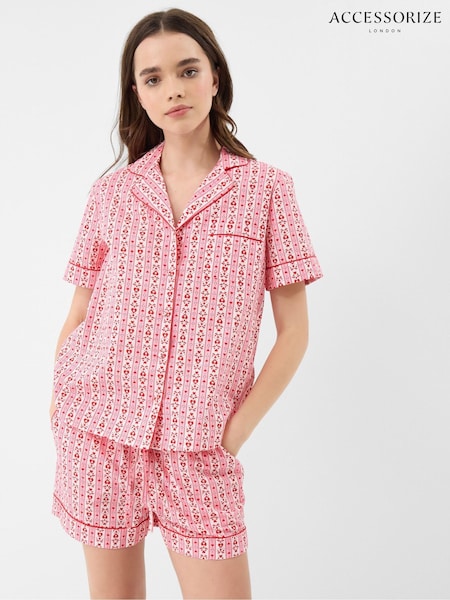 Accessorize Pink Heart Print Cotton Shorts Pyjama Set (G97127) | £35
