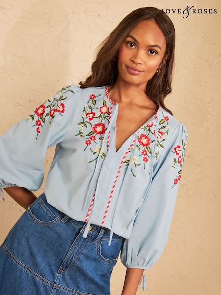 Pale Blue - Love & Roses Cotton/linen Blend Tie Front Embroidered Blouse