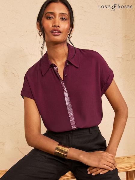 Burgundy Pink Sequin - Love & Roses Roll Sleeve Button Through Sequin Trim Shirt