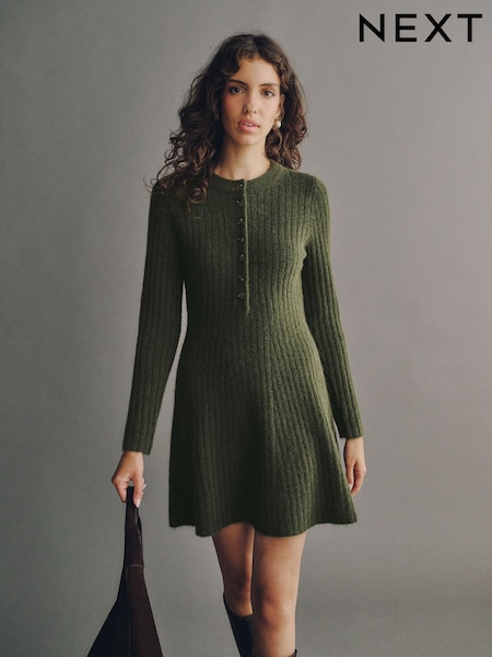 Khaki Green - Ribbed Knit Henley Mini Dress