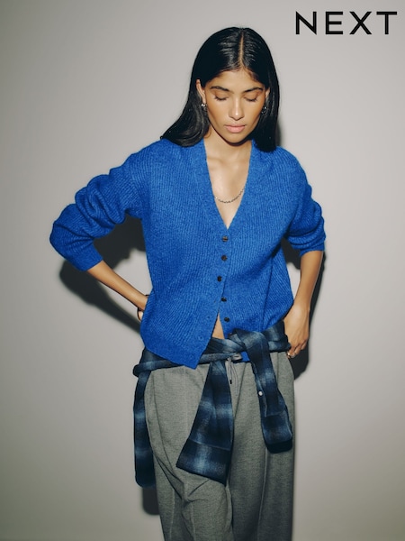Cobalt Blue - Long Sleeve V-neck Rib Cardigan With Wool