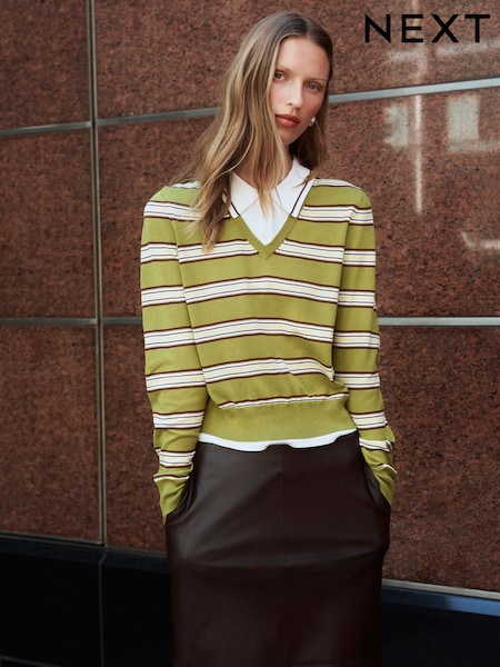 Green/Yellow Stripe - Soft Touch Cotton Rich Layer Polo Jumper