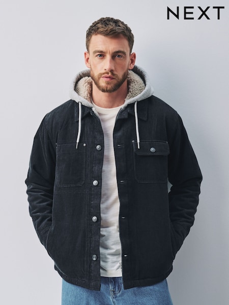 Black - Regular Quilted Cord Borg Lined Hoodie Shacket