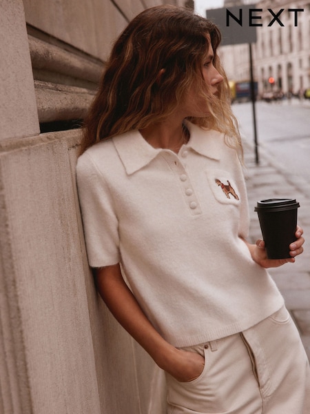 Ecru Embroidered - Short Sleeve Knitted Polo Top With Wool