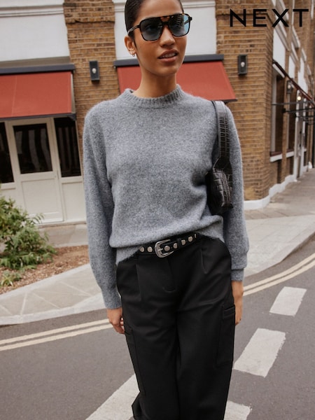 Grey Marl - Long Sleeve Crew Neck Knitted Jumper With Wool