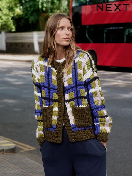 Green/Blue Check - Hand Knit Chunky Cardigan With Pockets