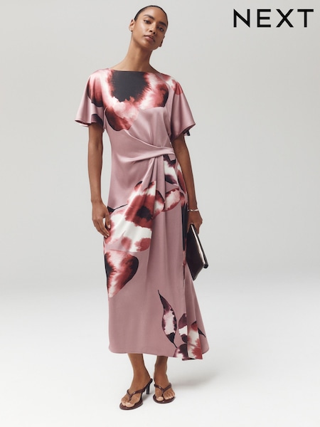 Pink Floral Print - Textured Satin Short Sleeve Side Hitch Midi Dress