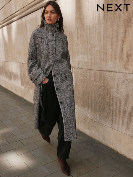 Chocolate Brown Textured - Herringbone Funnel Neck Longline Coat With Wool