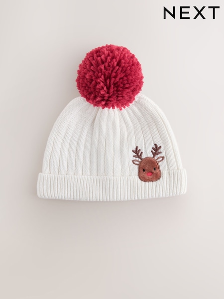 White - Embroidered Knitted Christmas Reindeer Pom Baby Hat (0mths-3yrs)