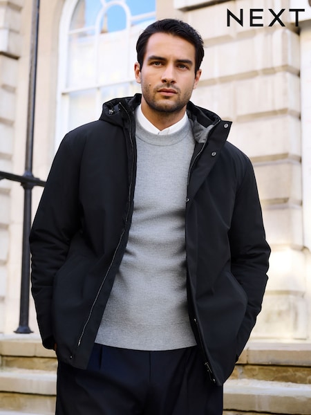 Black - Regular Showerproof Hooded Coat With Brushed Lining