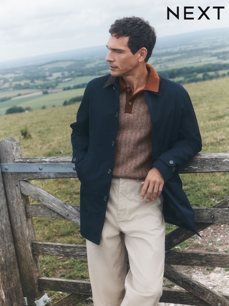Navy - Regular Cotton Trench Coat With Corduroy Trim Collar