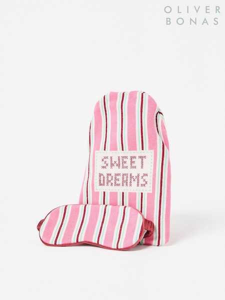 Oliver Bonas Pink Knitted Stripe Hot Water Bottle Set (G97928) | £40