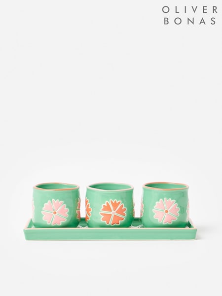 Oliver Bonas Set of 3 Green Flor Mini Plant Pots (G97936) | £33