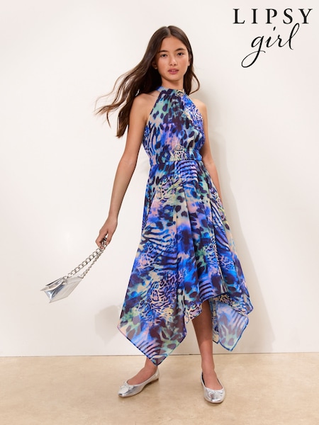Purple Leopard - Lipsy Hanky Hem Halter Occasion Dress (5-16yrs)