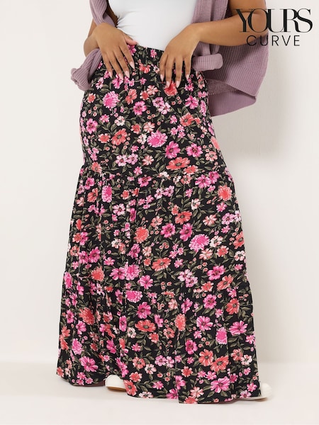 Yours Curve Black Floral Tiered Skirt (G98265) | £29