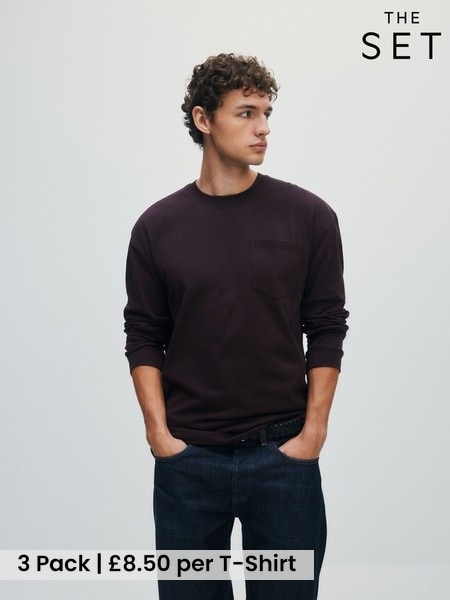Navy/Grey - Regular The Set 3 Pack Longsleeve Heavyweight Pocket T-shirts