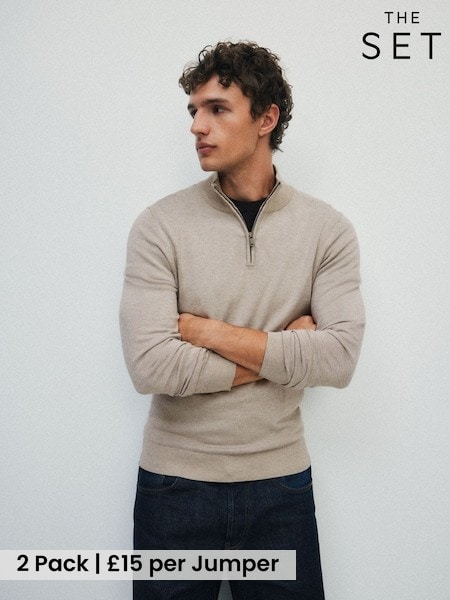 Brown/Cream - Regular The Set 2 Pack Quarter Zip Knit Jumpers