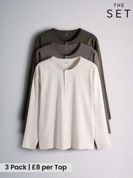 Green/Ecru - Regular The Set 3 Pack Long Sleeve Henley Tops
