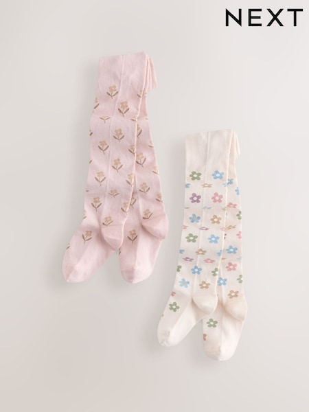 Pink and Cream - Cotton Rich Floral Tights 2 Pack