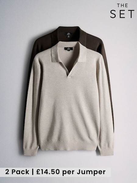 Brown/Cream - Regular The Set 2 Pack Trophy Neck Knit Jumpers