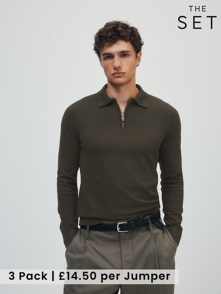 Brown/Cream - Regular The Set 3 Pack Zip Neck Knit Jumpers