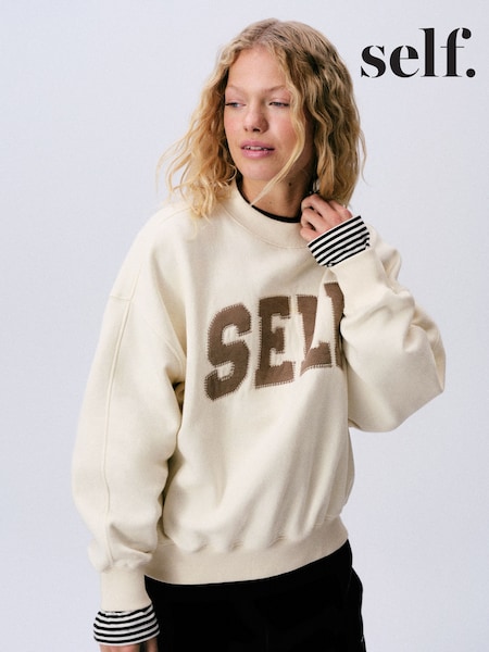 Cream Slogan - Self. Crew Neck Sweatshirt