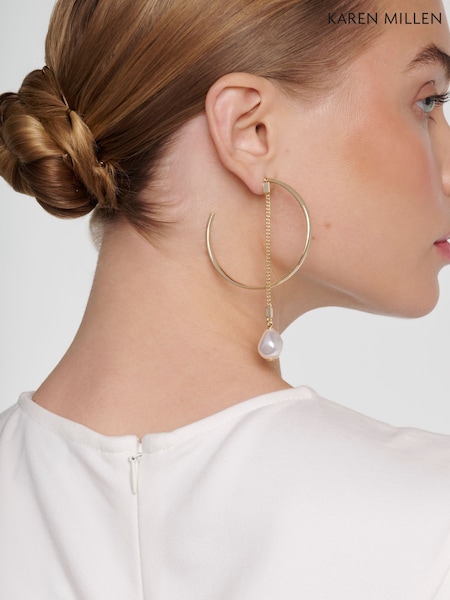 Karen Millen Silver Tone   Modern Pearl Hoop Earrings (G98607) | £69