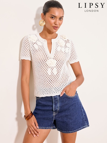 White - Lipsy 3d Flower Crochet T-shirt