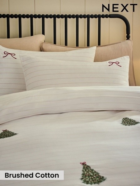 Embroidered Christmas Tree Brushed Cotton Duvet Cover And Pillowcase Set