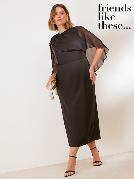 Black - Friends Like These Asymmetric Cape Sleeveless Midi Dress