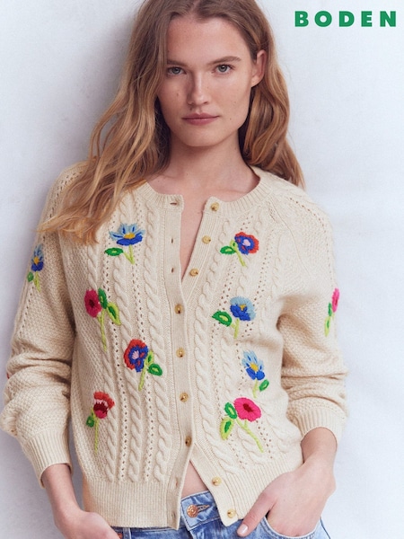 Boden Cream Liv Embroidered Cable Cardigan (G99153) | £139