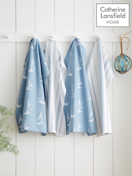 Catherine Lansfield 4 Pack Blue Salcombe Boats Cotton Kitchen Tea Towel (G99195) | £13