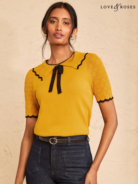 Yellow - Love & Roses Bow Detail Knitted Collared Top