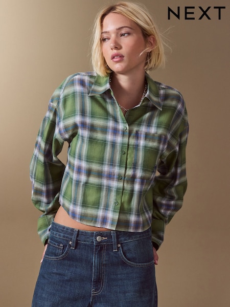 Green Check - Embroidered Pocket Cropped Flannel Shirt