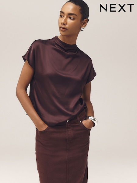 Wine - Satin Short Sleeve Top