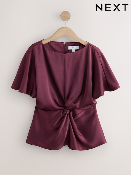 Wine - Textured Satin Short Sleeve Twist Front Top