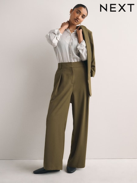 Olive Green - Elastic Back Wide Leg Trousers