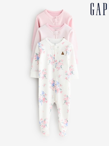 Pink Floral and Stripe - Gap 3 Pack Baby Sleepsuits (0-12mths)