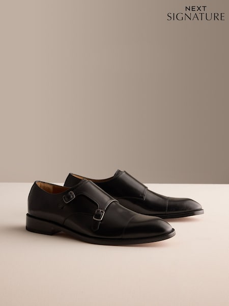 Black - Regular Signature Leather Sole Double Monk Shoes
