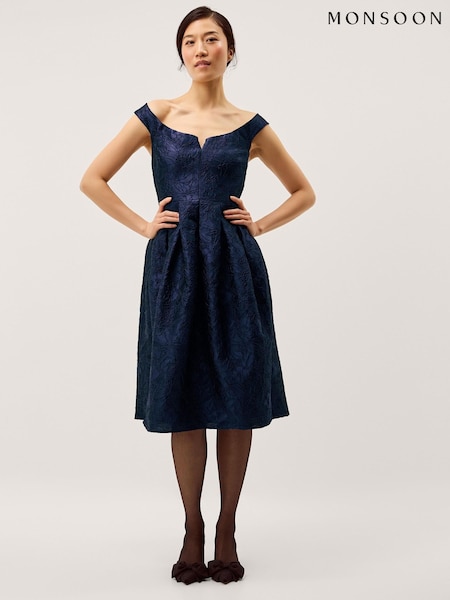 Monsoon Blue Juliana Floral Jacquard Midi Dress (H00627) | £150