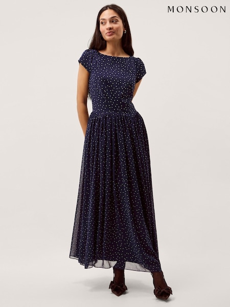 Monsoon Blue Caitie Polka Dot Midi Dress (H00633) | £150