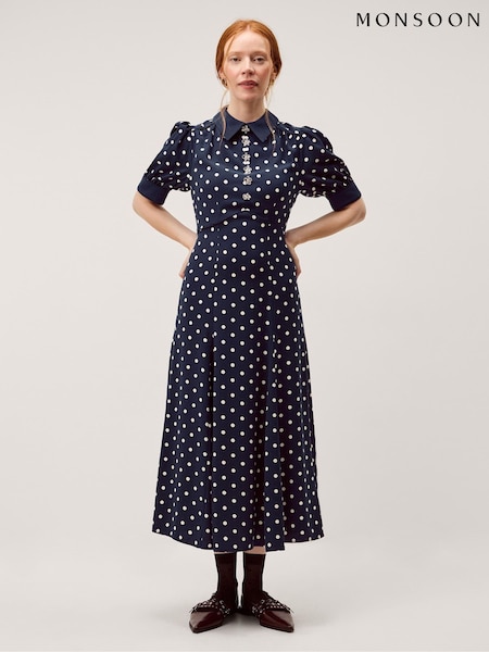 Monsoon Blue Kate Puff Sleeve Polka Dot Midi Dress (H00636) | £150
