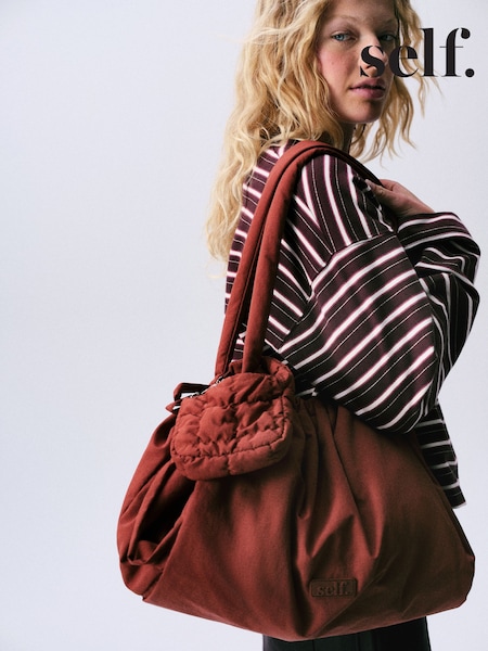 Rust Brown - Self. Nylon Ruched Charm Pouch Bag