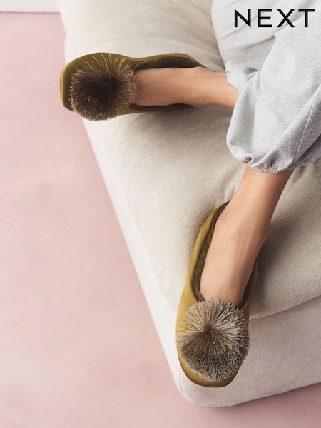 Khaki Green - Pom Pom Ballet Slippers